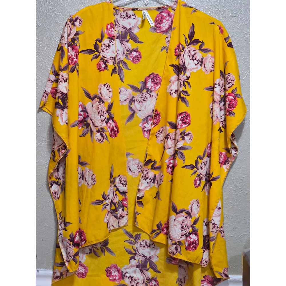 Live4Truth Yellow Floral Kimono Cardigan Open Front High Low Wrap Womens Medium